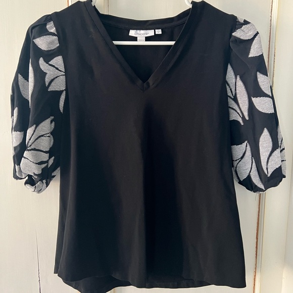 Chico's Tops - Chico's Black Jacquard Puff Sleeve Tee